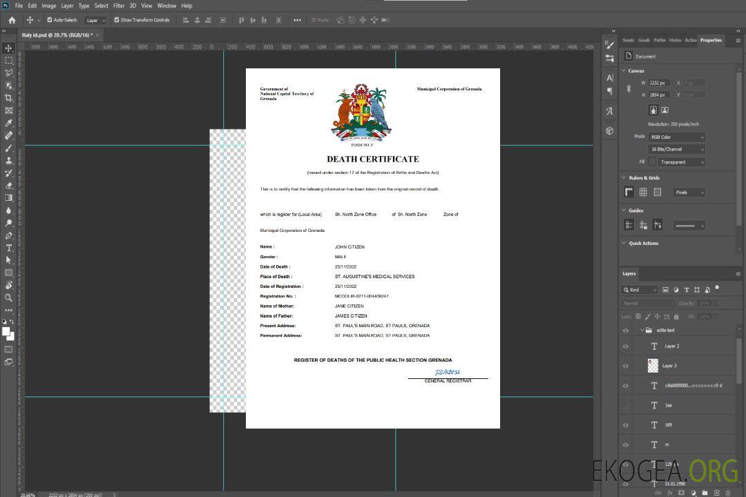 Modèle Word et PDF de certificat de décès de l'état civil de la Grenade template